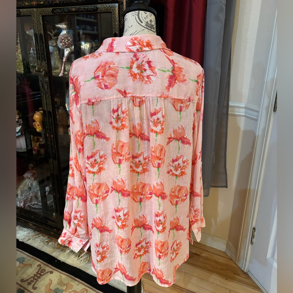 Charter Club Floral Print Linen Button Down Blouse - Picture 2 of 7